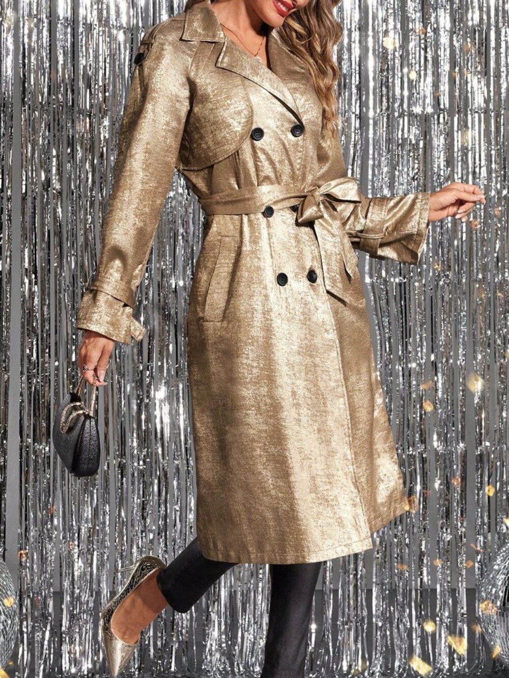 Gold Elegant Women's Long Sleeve Coated Belted Casual Jacket